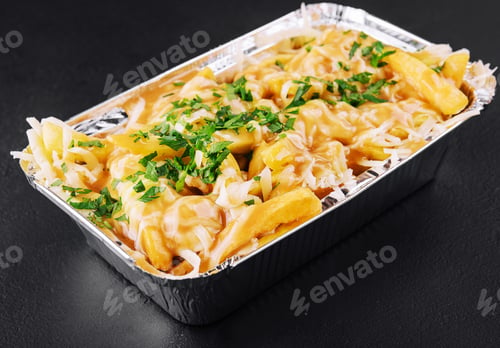 Preview: delicious french fries with cheese sauce