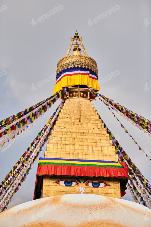 Preview: Boudhanath stupa in Kathmandu, Nepal decorated Buddha wisdom eyes and prayer flags