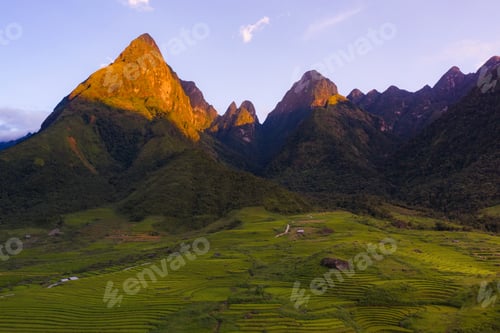 Preview: Paddy rice terraces, green agricultural fields in countryside of mountain hills valley, Vietnam.