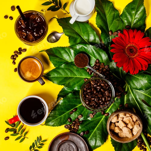Preview: Various coffee on yellow background
