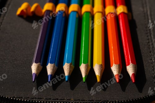 Preview: multi-colored pencils in a schoolboy's pencil case