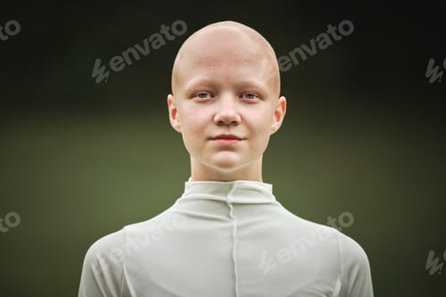 Preview: Portrait of young hairless girl with alopecia in white cloth on green park background