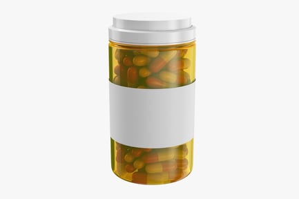 Preview: Pills Bottle, Transparent Cylinder with Colorful Capsules and Blank Label