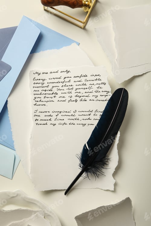 Preview: Blue envelopes, sheets of paper, bird feather and letter with text on white background, top view
