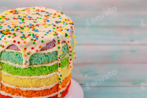 Preview: Rainbow birthday sponge cake with color sprinkles.