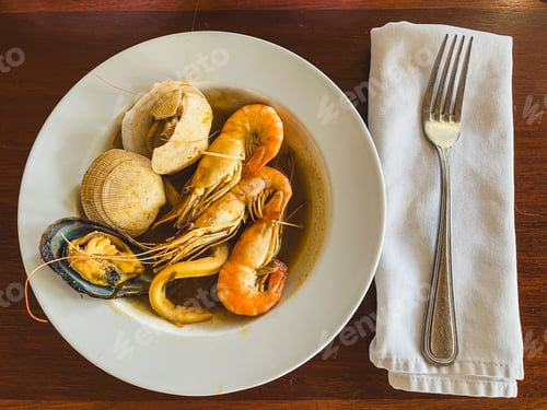 Preview: Seafood soup in a white plate