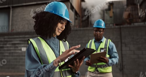Preview: Construction, planning and people on tablet for teamwork, inspection and maintenance. Civil enginee