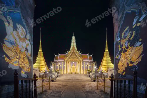 Preview: Golden pagoda at Temple of the Emerald Buddha in Bangkok, Thailand. Wat Phra Kaew and Grand palace