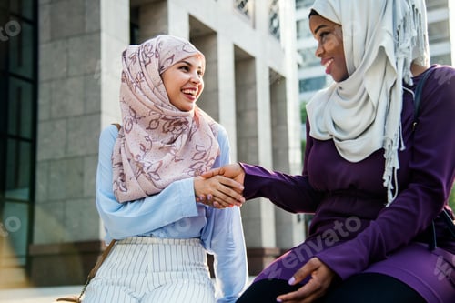 Preview: Islamic friends handshaking and smiling