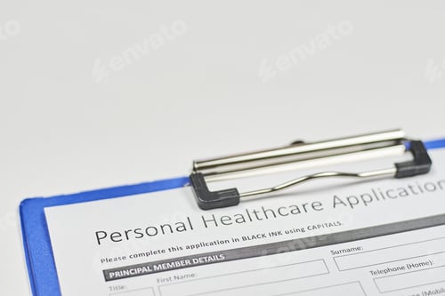 Preview: Closeup shot of a personal healthcare insurance application document