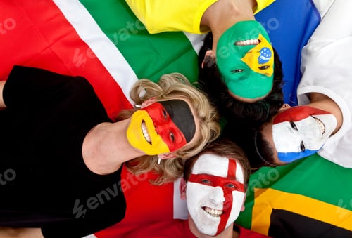 Preview: Small Group Of Happy International Football Fans Lying On The Floor