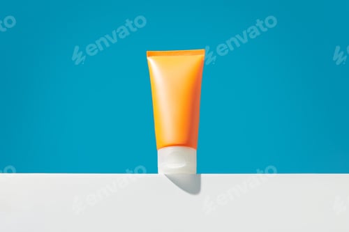 Preview: Sunscreen lotion on blue background with copy space. Body care beauty treatment concept