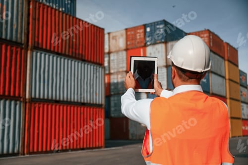Preview: Holding tablet and making photo of the objects. Male worker is on the location with containers