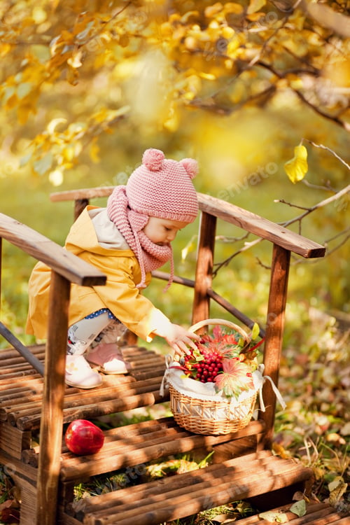 Preview: a little girl in the park, autumn season, fall season, kid, autumn leaves, bridge, autumn beauty