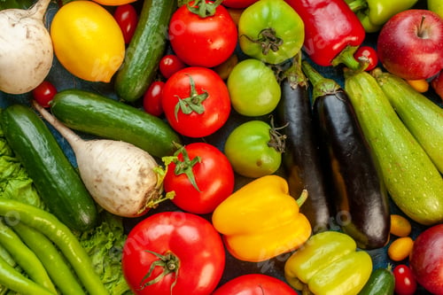 Preview: top view vegetable composition with fresh fruits on blue background color meal healthy life diet