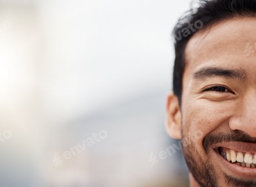 Preview: Happy, face and closeup with half of man in mockup, background for advertising space with businessm