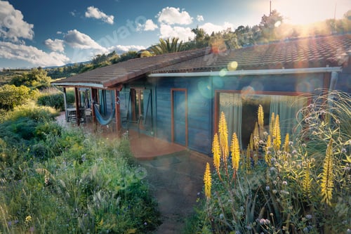 Preview: Minimalistic and modern house or hotel building in a tropical area captured on a sunny day