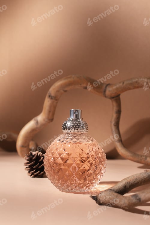 Preview: Perfume bottle with tree branch. Concept of expensive perfume and cosmetics.