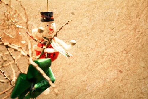 Preview: Christmas Decorations On Dried Tree In Mulberry Paper Texture Style For Background