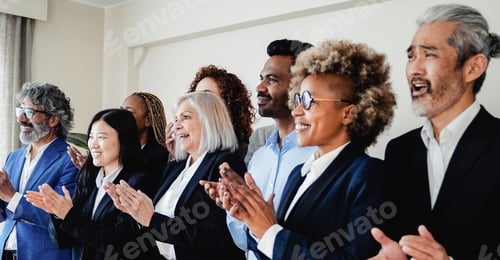 Preview: Business group of people celebrate inside bank office. Happy multiracial workers during conference