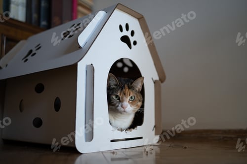 Preview: Cat sitting in cardboard box house. Zero waste for animals. Eco friendly pet home concept.