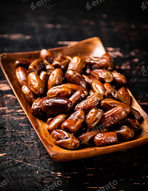Preview: Delicious dates on a wooden plate.