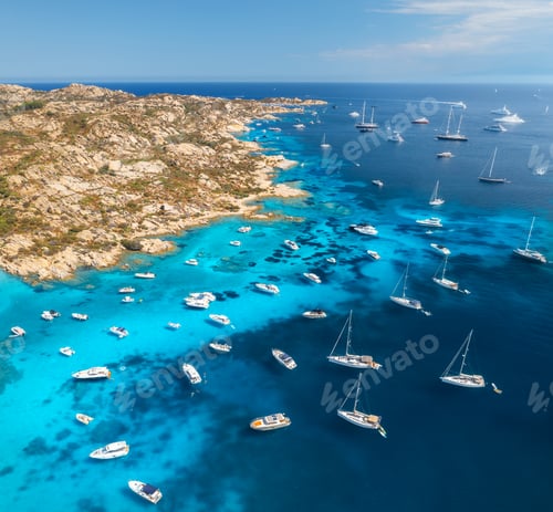 Preview: Aerial view of luxury yachts and boats on blue sea at sunny day