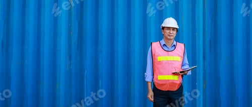 Preview: Asian foreman using tablet control loading containers box in cargo for import export,