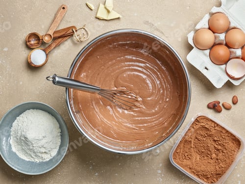 Chocolate Cake Batter Ingredients Ready for Baking