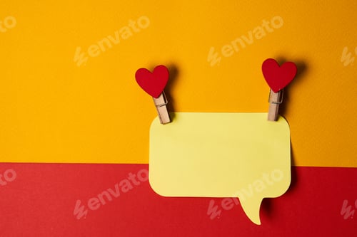 Preview: yellow sticky notes with wooden clothespins red hearts bicolor background Copy space