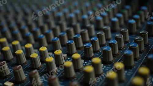 Preview: Closeup shot of an audio sound mixer with sliders buttons