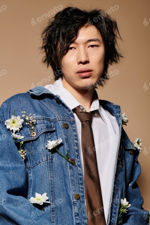 Preview: Stylish spring fashion featuring an asian man in a studio with unique floral details