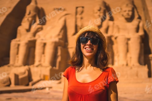 Preview: A Young Tourist In A Red Dress Smiling At The Abu Simbel Temple In Southern Egypt In Nubia Next To