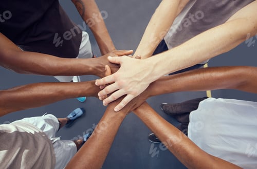 Preview: Teamwork, solidarity and diversity sports people hands stacked together from above. Athlete group o