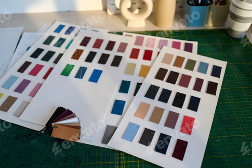 Preview: Several cards with leather color swatches on workplace of tanner
