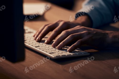 Preview: Hands, man and keyboard on computer at night for planning, data analysis and pc internet. Closeup,