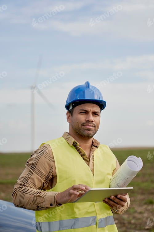 Preview: Latin male engineer holding digital tablet and standing on wind turbine field with paper project