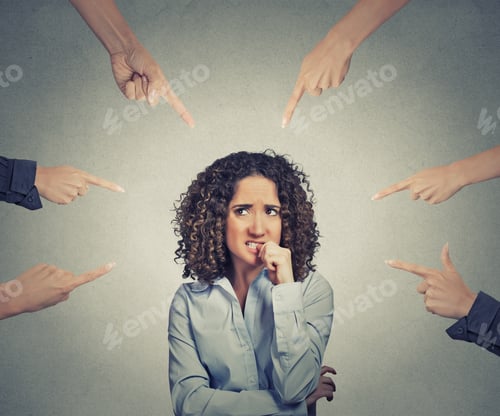 Preview: Concept Of Social Accusation Of Guilty Businesswoman Many Fingers Pointing At Isolated On Grey