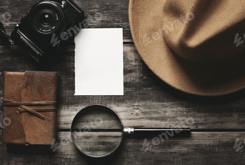 Preview: Photo camera, notebook, hat, magnifier, paper on black table