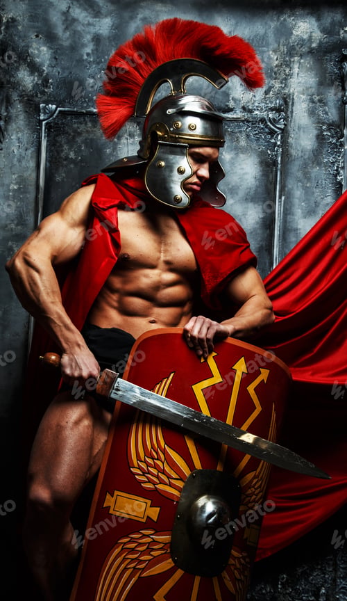 Preview: Warrior with trained body holds swor and shield
