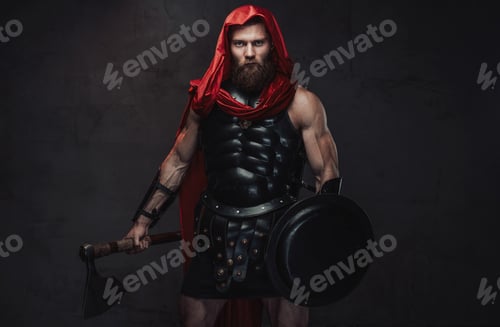Preview: Warlike roman in hood posing in dark room with spotlight