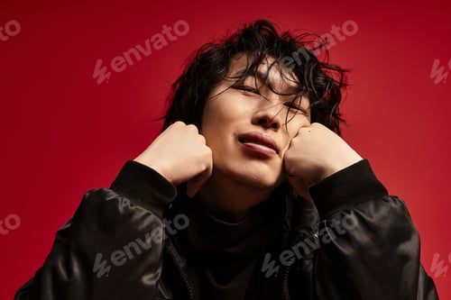 Preview: Daydreaming asian model rests his face in his hands in studio setting