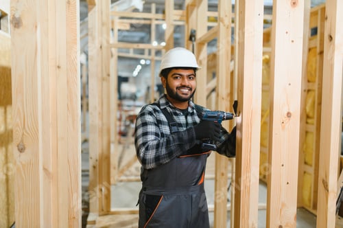 Preview: Modern modular house. Indian worker works on the construction of a wooden house