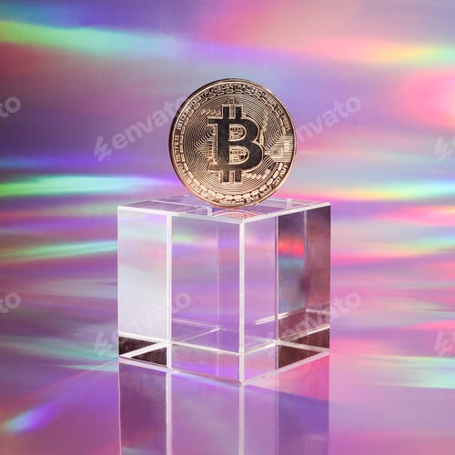 Preview: Golden bitcoin coin on podium on holographic, abstract, neon background. digital currency, business