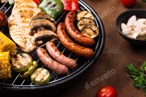 Preview: Grilled sausages, meat, and vegetables