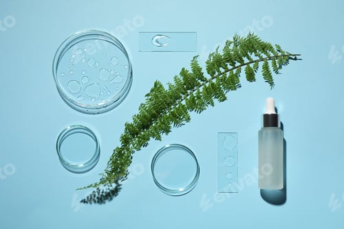 Preview: Flat lay composition with cosmetic product, fern and laboratory glassware on light blue background