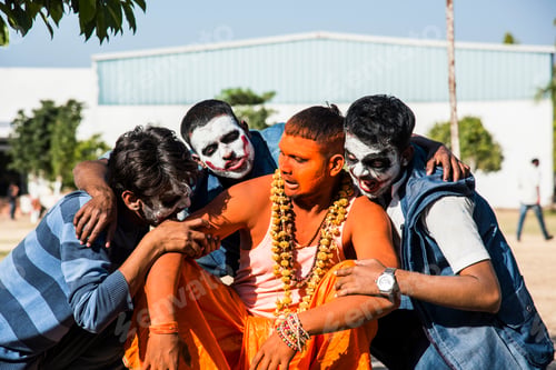 Preview: Portrait of blood thirsty vampire bites to man, Horrible scary Indian zombie.