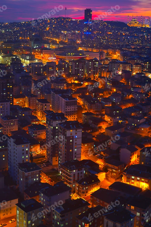 Preview: high angle view of residences buildings at night in Istanbul city