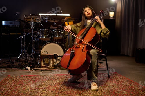 Preview: Latin Girl Playing Cello in Music Studio during Band Rehearsal