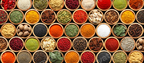 Preview: Set of different aromatic spices in bowls on black background, flat lay. Banner design